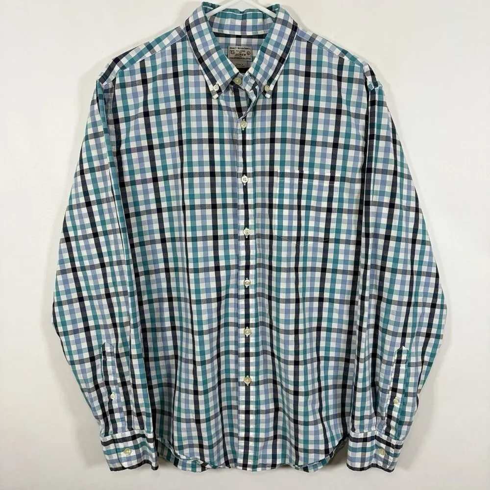 J.Crew Button Down Shirt Mens Large Blue Teal Black Gingham Check Long Sleeve